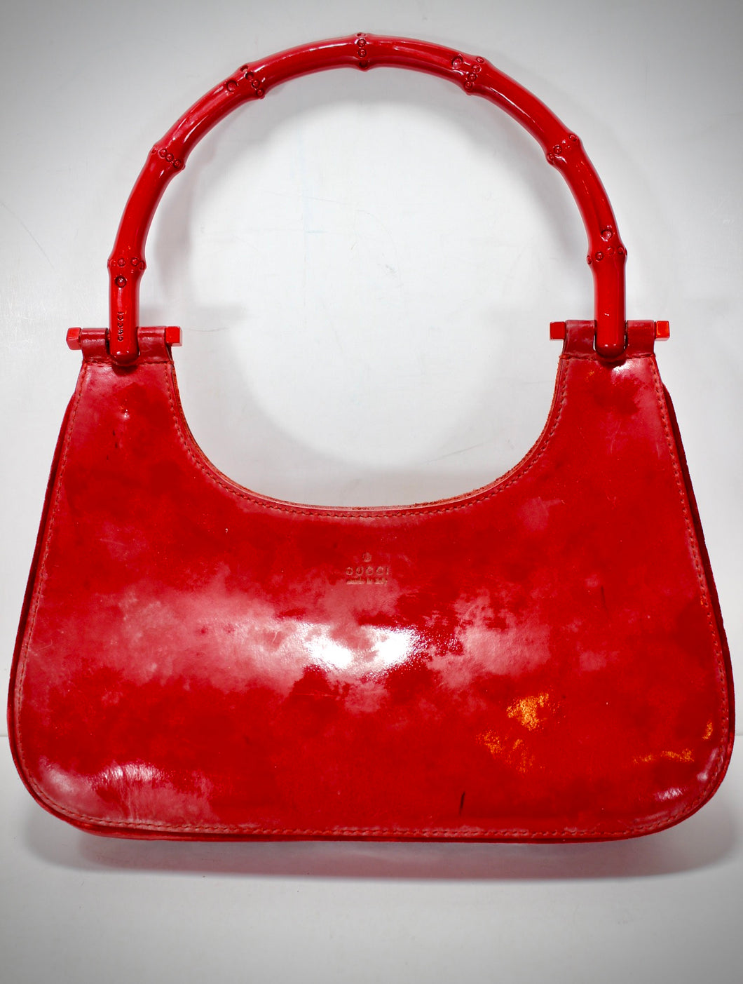 Vintage GUCCI Red Leather Small Tote Bag Bamboo Handle Hand Bag