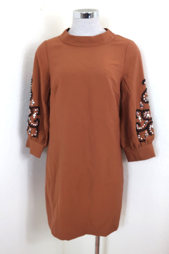 ANTONIO BERARDI Embellished Beads Long Sleeve Brown Dress 40 Small 4 5 6