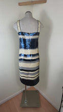Load and play video in Gallery viewer, Tory Burch Edna Sequin Dress Navy Ivory Striped Shift Mini Small 0 2 4
