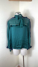 Load and play video in Gallery viewer, SACAI Sheer Ruffle Mock Neck Blouse Emerald Green Size 3 M Large

