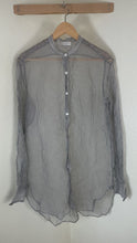 Load and play video in Gallery viewer, Dries Van Noten 100% Silk Sheer Striped Button Up Shirt Size 46 Gray White Luxury Women Large Men Small
