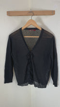 Load and play video in Gallery viewer, Max Mara Studio Black Ruffled Linen Cardigan Knit Sweater Sheer V-Neck Size S M 6 7 8
