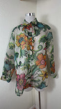 Load and play video in Gallery viewer, Vintage 90s Moschino Jeans Sheer Floral Pop Art Archive Blouse Shirt small Medium 4 6
