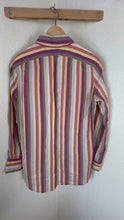 Load and play video in Gallery viewer, Louis Vuitton Striped Silk Cotton Blouse Top 40 M Quilted Padded Shoulder Cuff V-Neck Small Medium 6 7 8
