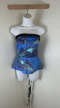 Load and play video in Gallery viewer, Emma Wallace Blue Floral Satin Marieanne Bustier Wrap Top Size US 2 / UK 6 Small
