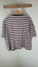 Load and play video in Gallery viewer, Prada Milano Brown Beige Horizontal Stripe Logo T-Shirt Size 38 XS S
