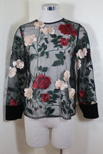 Load image into Gallery viewer, GANNI Embroidered Long Sleeve Mesh Black Red Floral Long Sleeve Top Small 38 S 4 5 6

