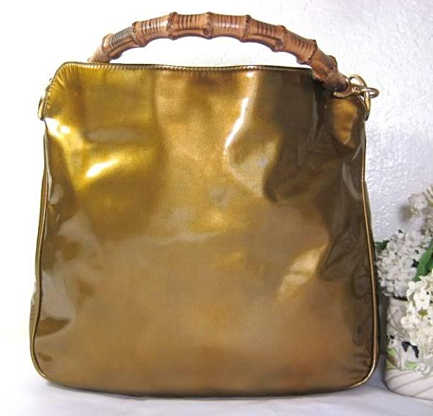 Vintage GUCCI Glossy Leather Yellow Hobo Shoulder Bag BAMBOO handle Italy
