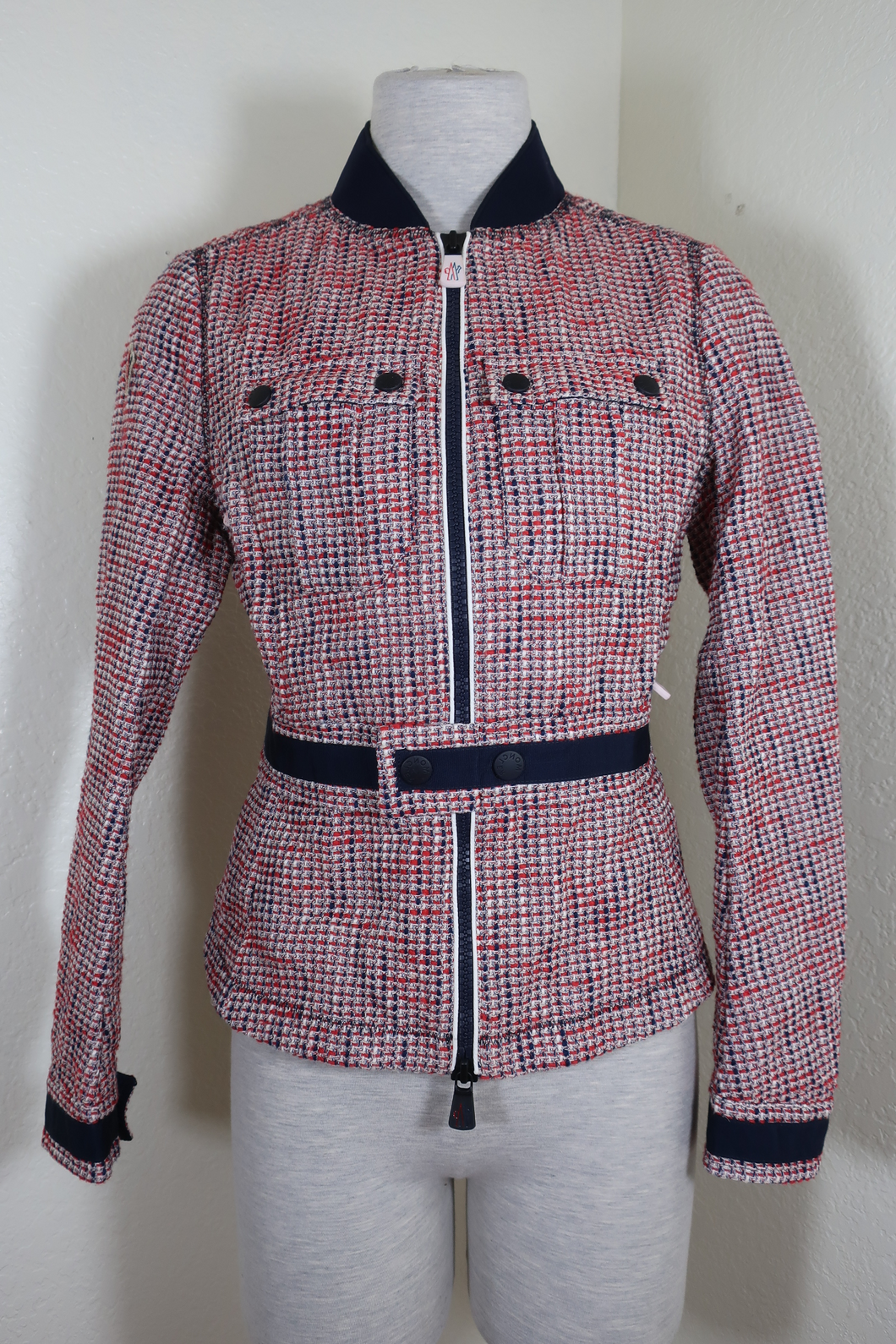 MONCLER Grenoble Red Blue Houndstooth Bomber Zip Belted Jacket Small XS 0 1 2