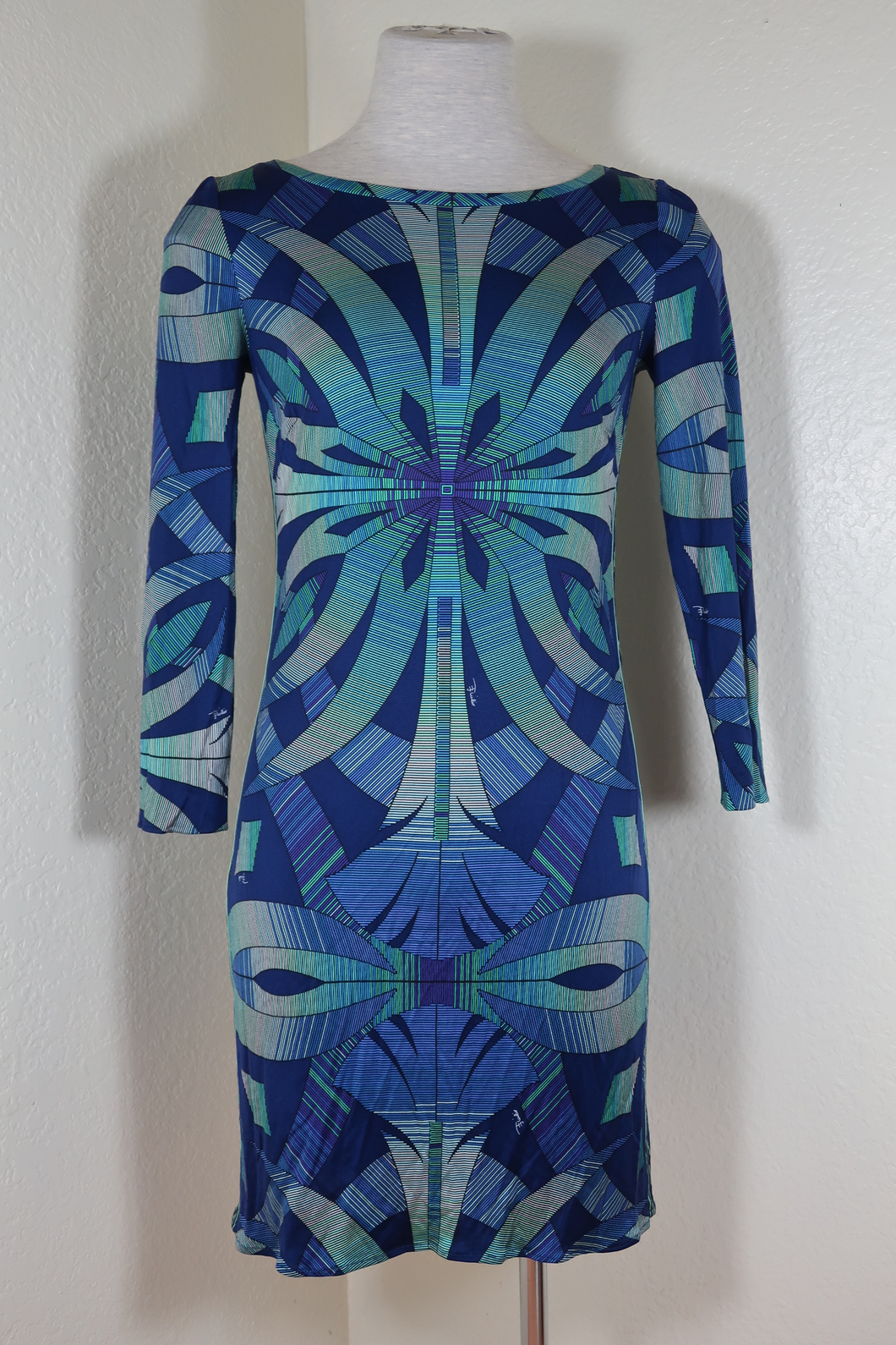 EMILIO PUCCI Blue Silk Long Sleeve Printed Dress Small  38 4 5 6