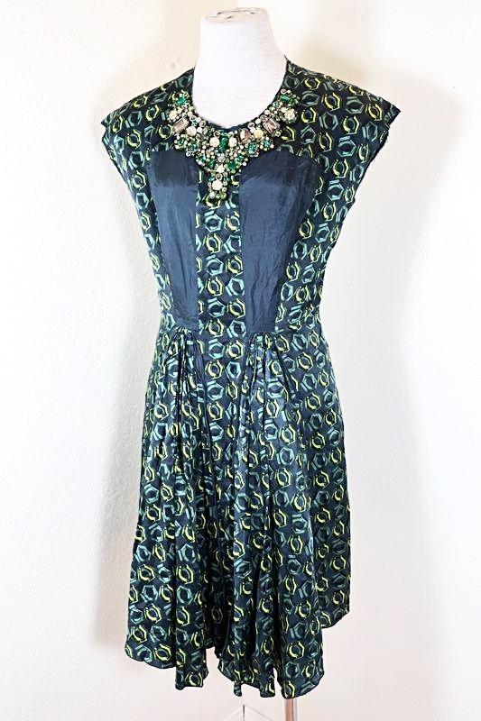 PRADA Green Silk Printed Viscose Gemstones Dress Sz 40 Small 2 3 4 $2,300