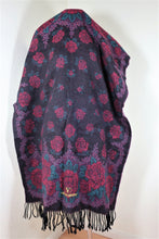 Load image into Gallery viewer, Vintage VALENTINO GARAVANI Black Red Green Floral Wool Fringes Scarf Shawl Wrap Italy
