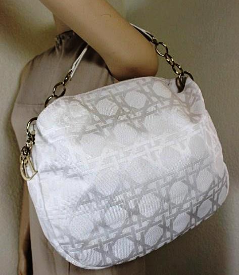 Vintage Christian Dior White Canvas Cannage Large Hobo Shoulder Handbag Bag Italy