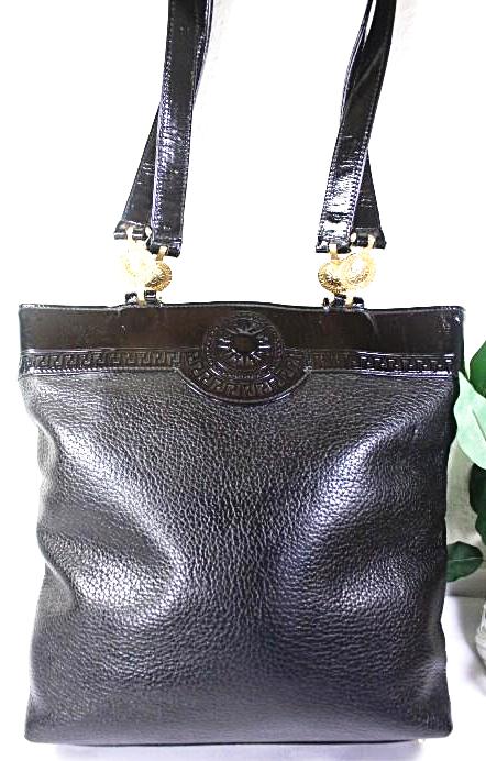 Vintage GIanni Versace Black Leather Sun Face Tote Shoulder Bag