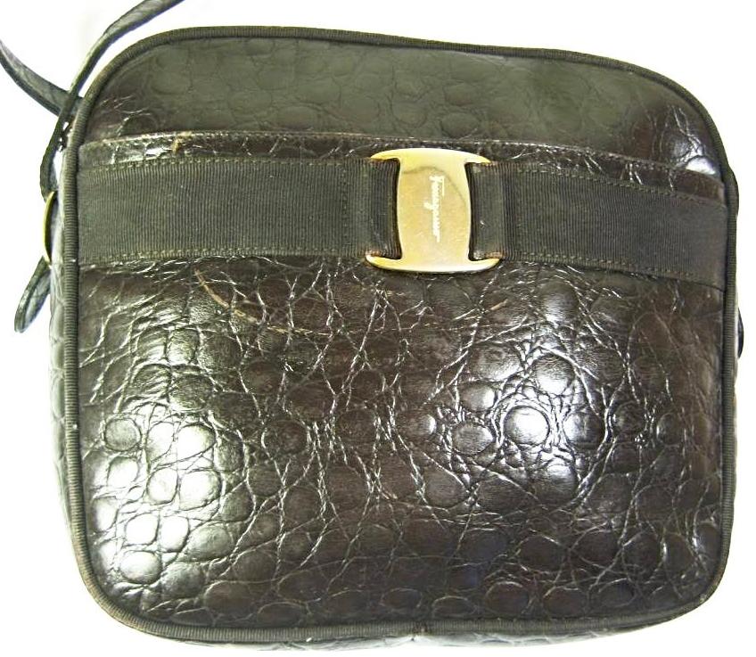 Vintage Salvatore Ferragamo Brown Leather Croc Stamped Shoulder Bag Italy
