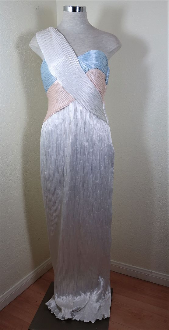 Vintage MORTON MYLES Blue White Grecian Pleated Gown Dress S M 6 7 8