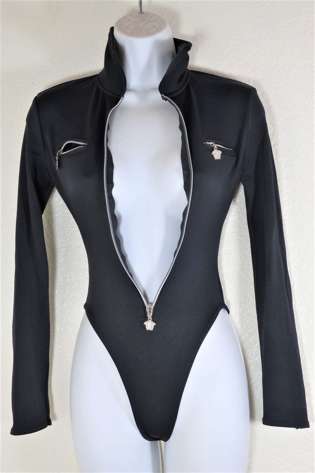 Rare Vintage VERSACE Intensive Black Medusa ONe Piece Rash Guard Long Sleeve Swim Bathing Suit Small 6 7 8