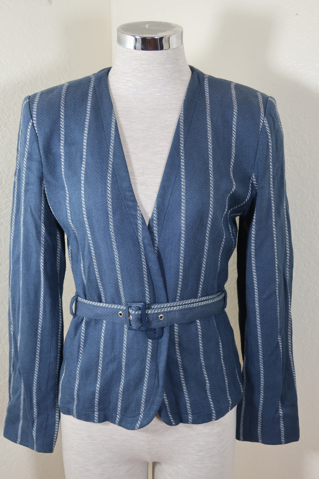 Vintage Yve Saint LAURENT Blue White Stripes Belted Blazer Jacket Small 4 5 6