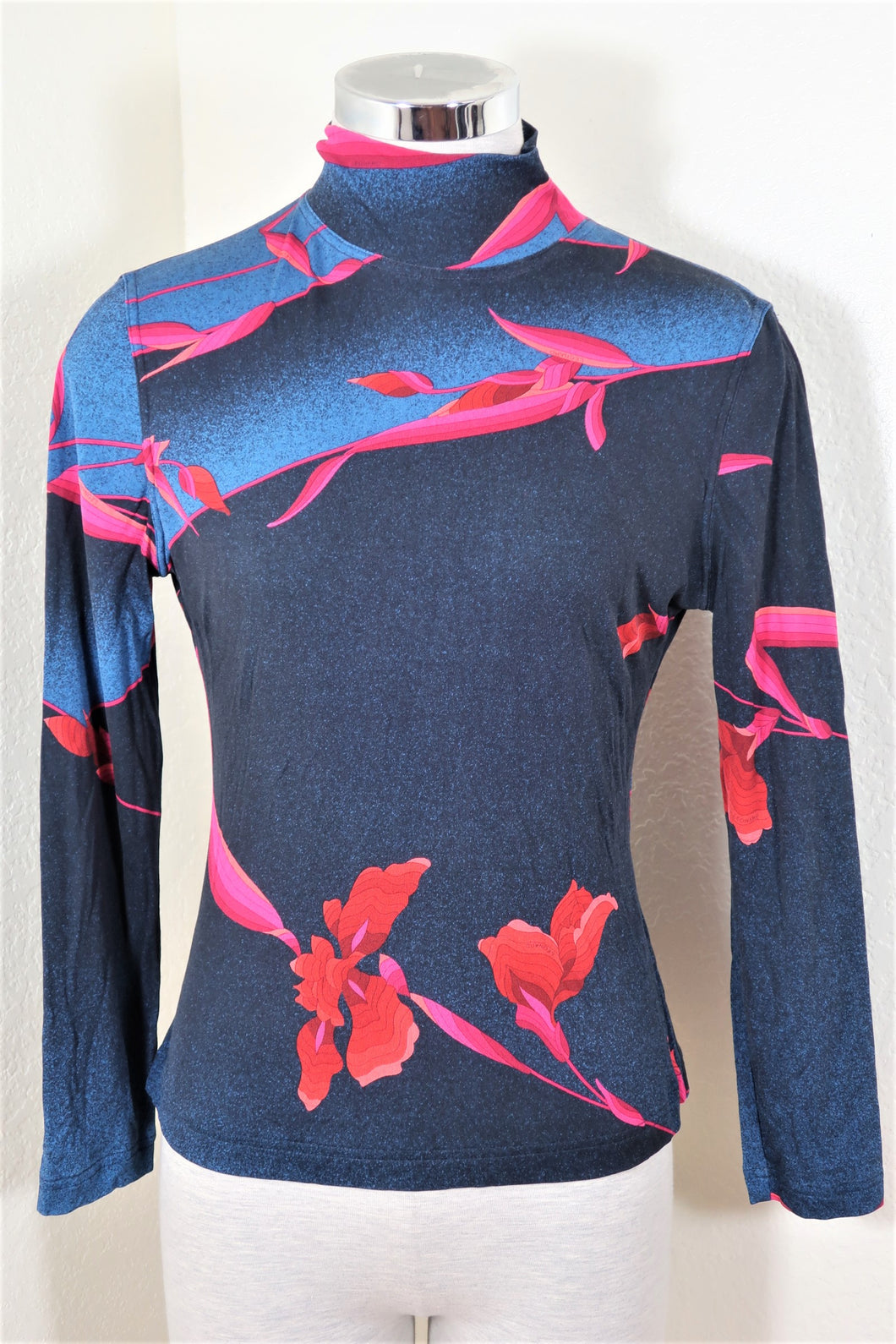 Vintage LEONARD PARIS Floral Black Red LongSleeve Turtle Neck Top Blouse Shirt 40 S M 4 5 6