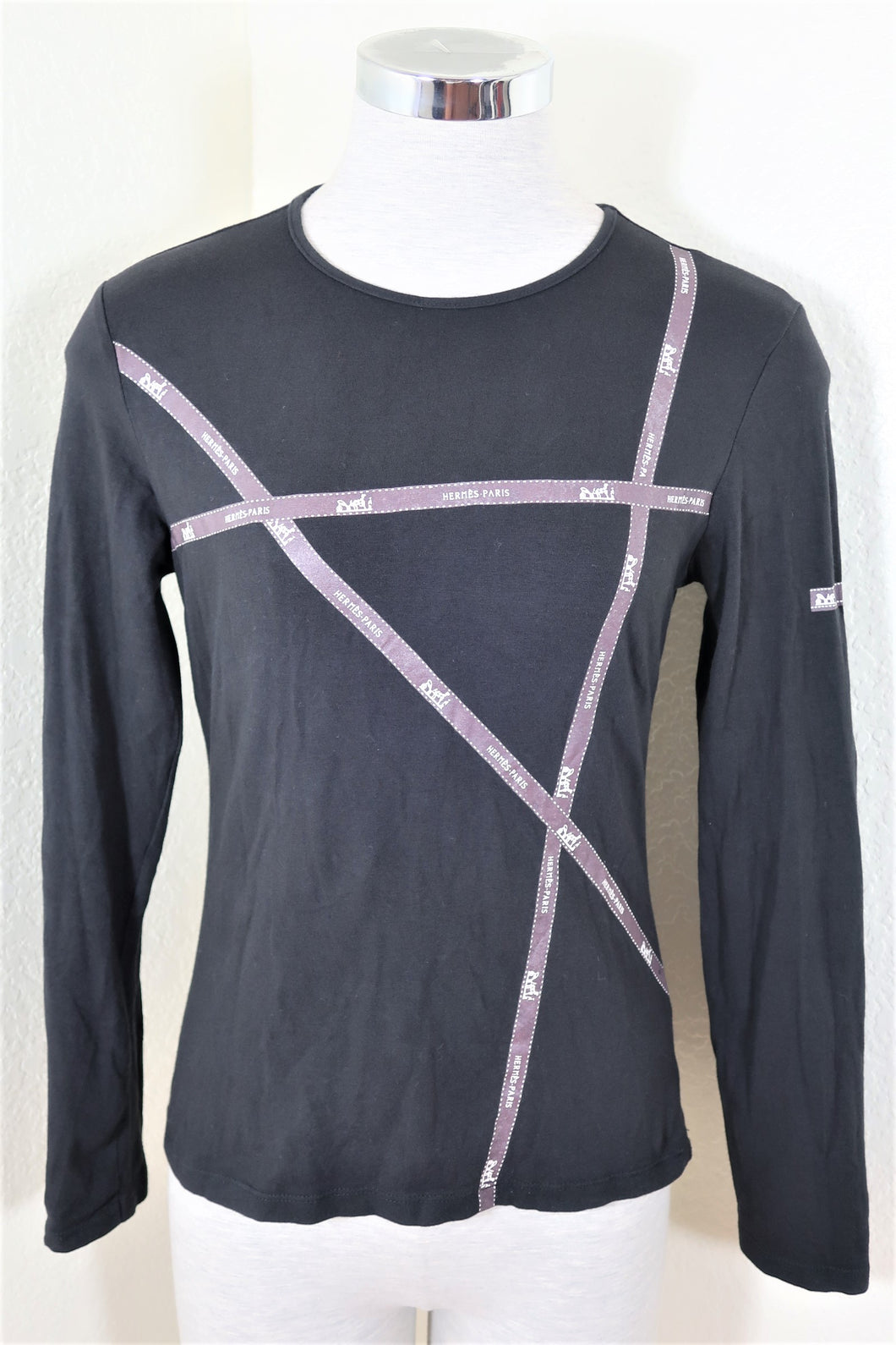 HERMES Black Purple Cotton Ribbon Long Sleeve Shirt Top LE Small 2 3 4