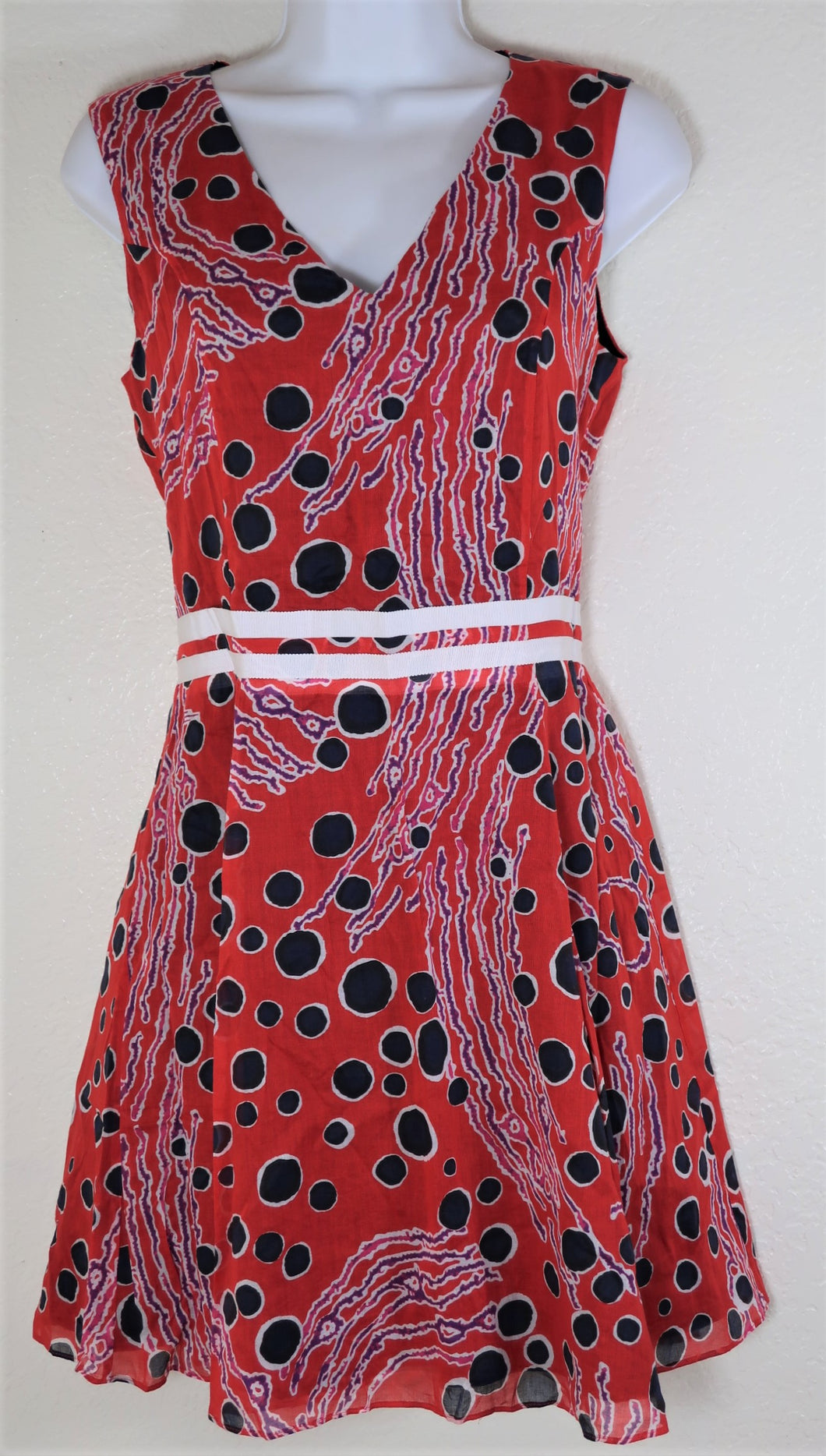 CARVEN Cotton Lined Sleeveless Red Black Dots Summer Sun Dress Small S 38 2 3 4