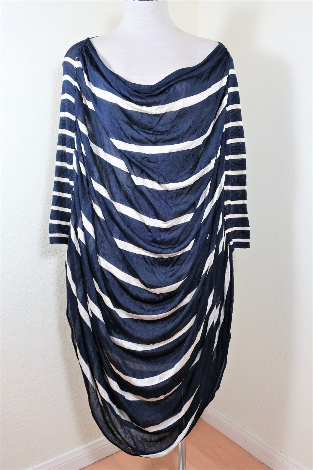 Vintage Jean Paul GAULTIER Navy Blue White Stripes Stylish Rayon Dress S M 5 6 7