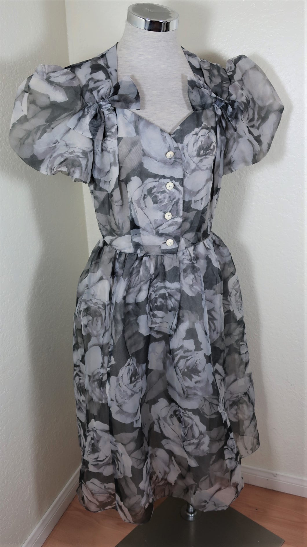 Vintage HANAE MORI 9A3 Black White Floral Silk Dress S M 4 5 6