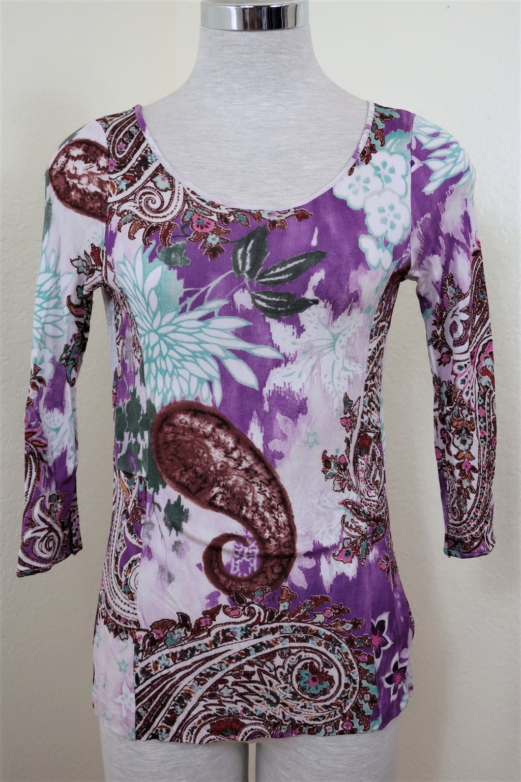 ETRO Paisly Print Purple Long 3/4  Sleeves Top Blouse Viscose  42  S 4 5 6