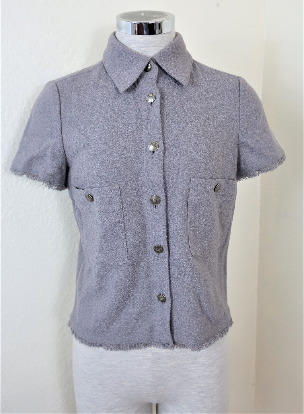 CHANEL Grey Wool Blend COCO Line Jacket Button Top Blouse Short Sleeve Small 36 4 5 6
