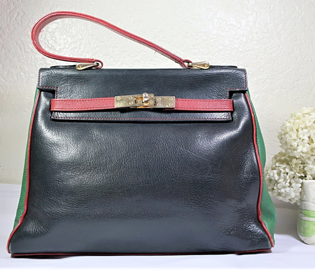 Vintage POURCHET Italy 3-colored Black Green Red Calf Leather Stylish Hand Bag