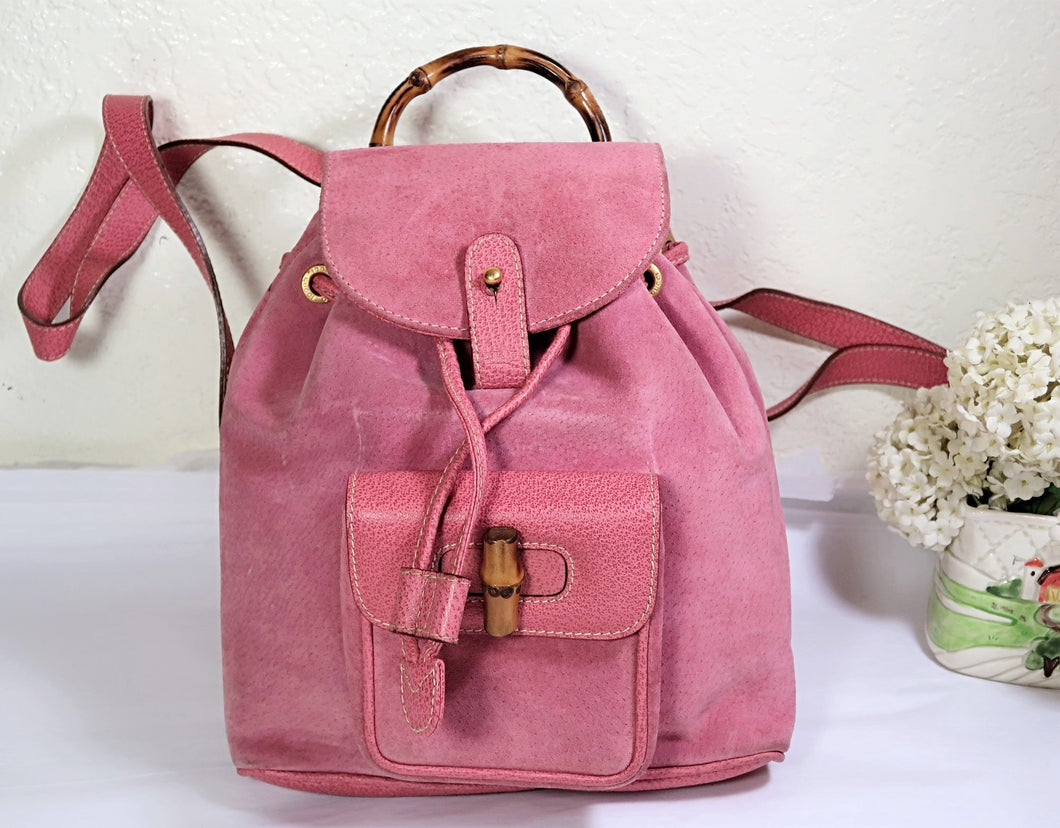 Vintage GUCCI Suede Leather Bamboo Small Pink Backpack Back Bag Italy