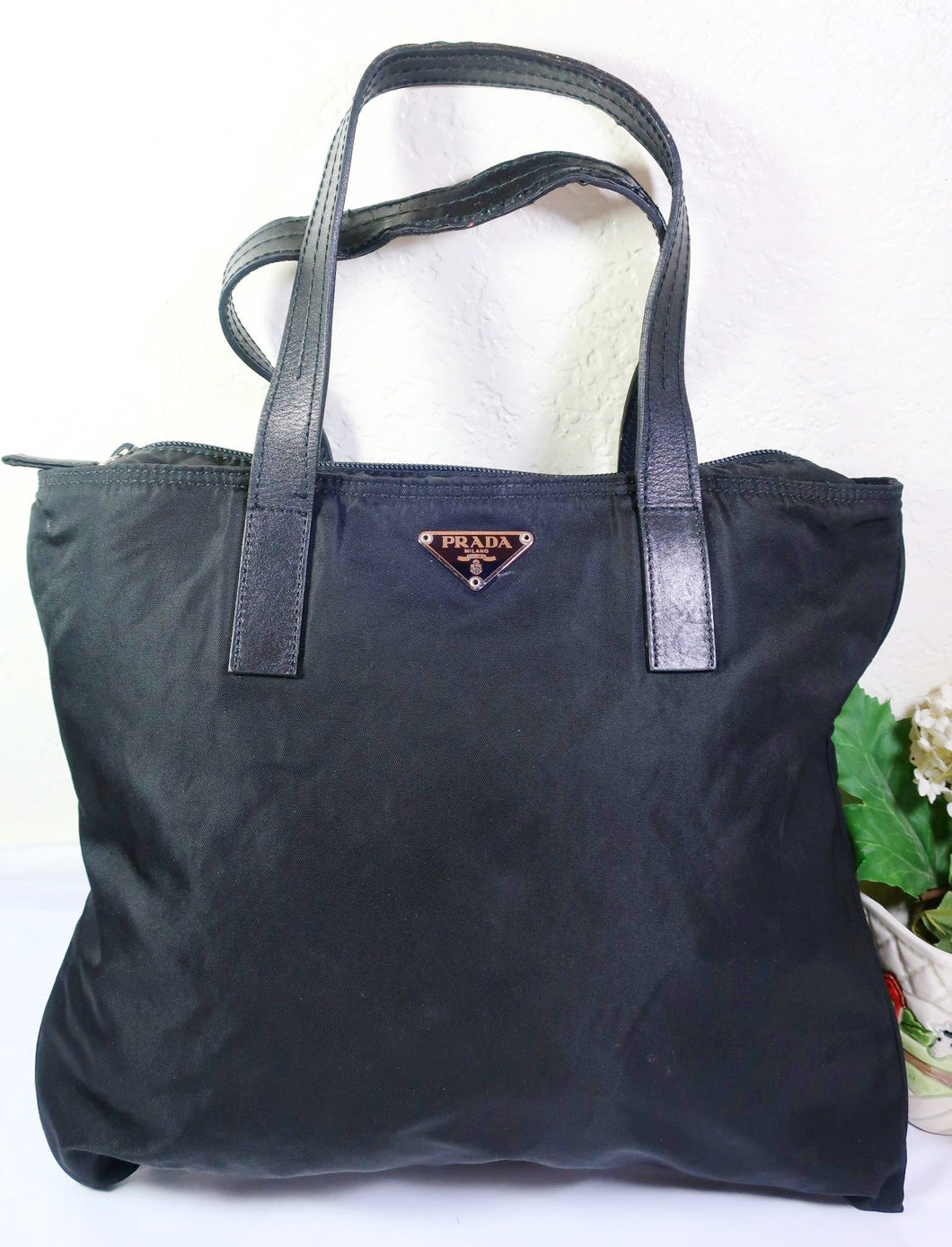 Vintage PRADA Black Nylon Thin Small Tote Shoulder Bag Italy FLAWED