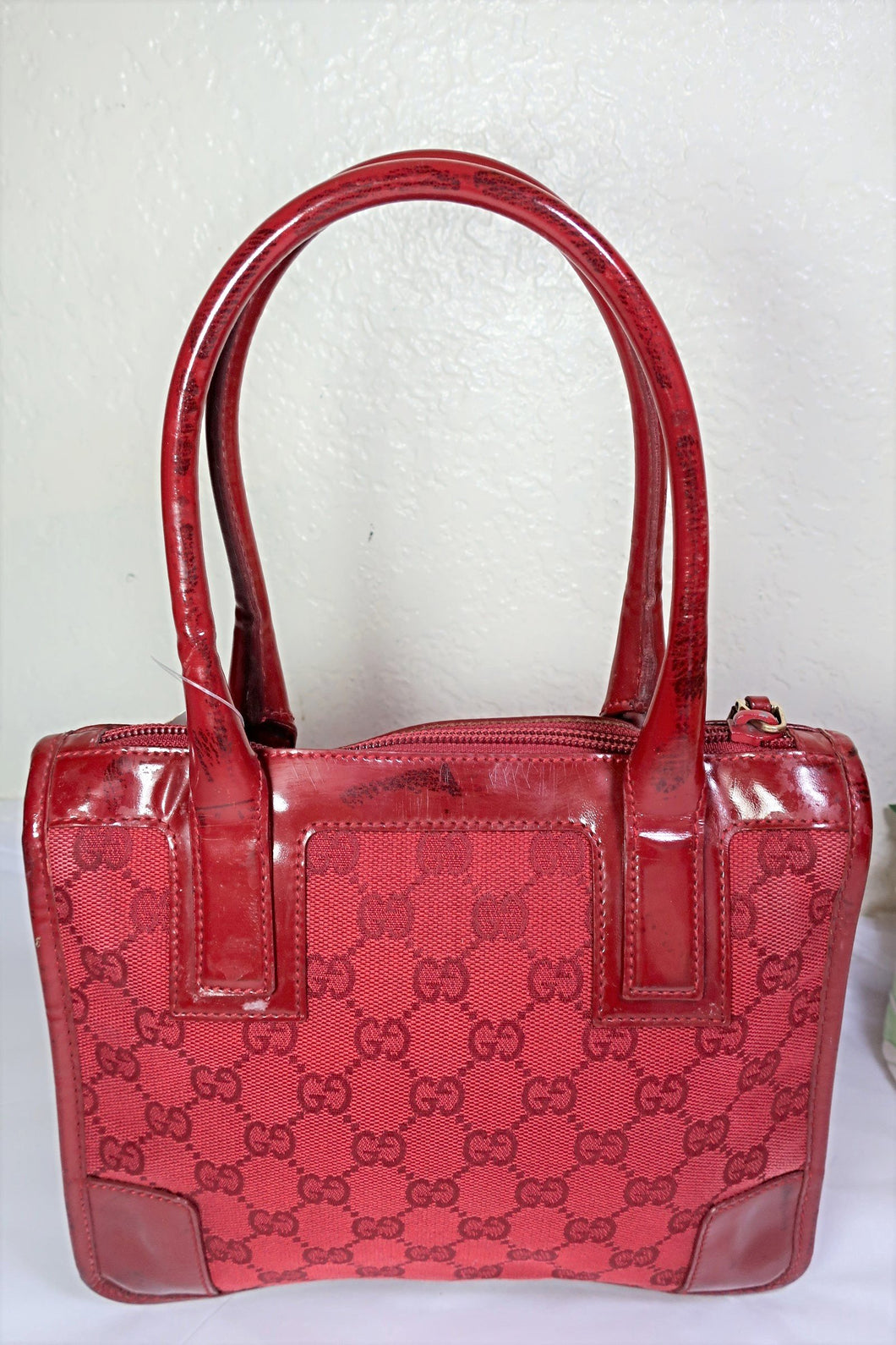 Vintage GUCCI Small Red GG Monograms Canvas Leather Satchel Tote Hand Bag