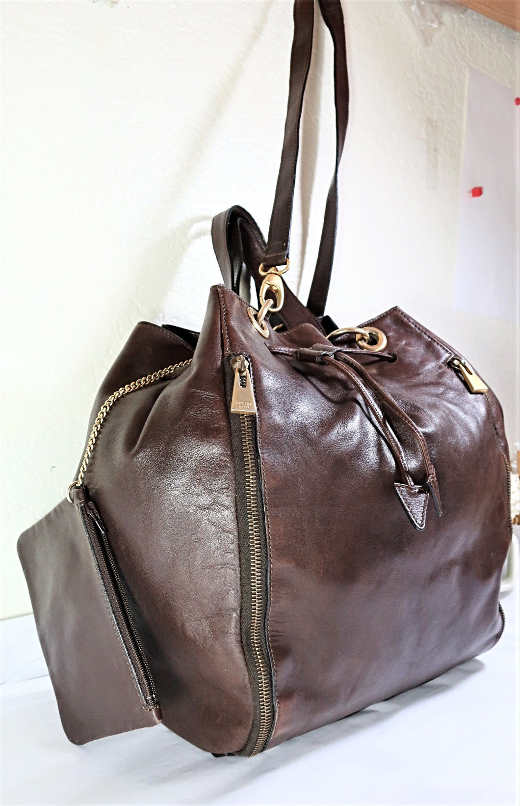 CELINE Burgundy Leather Drawstring Bucket Bag