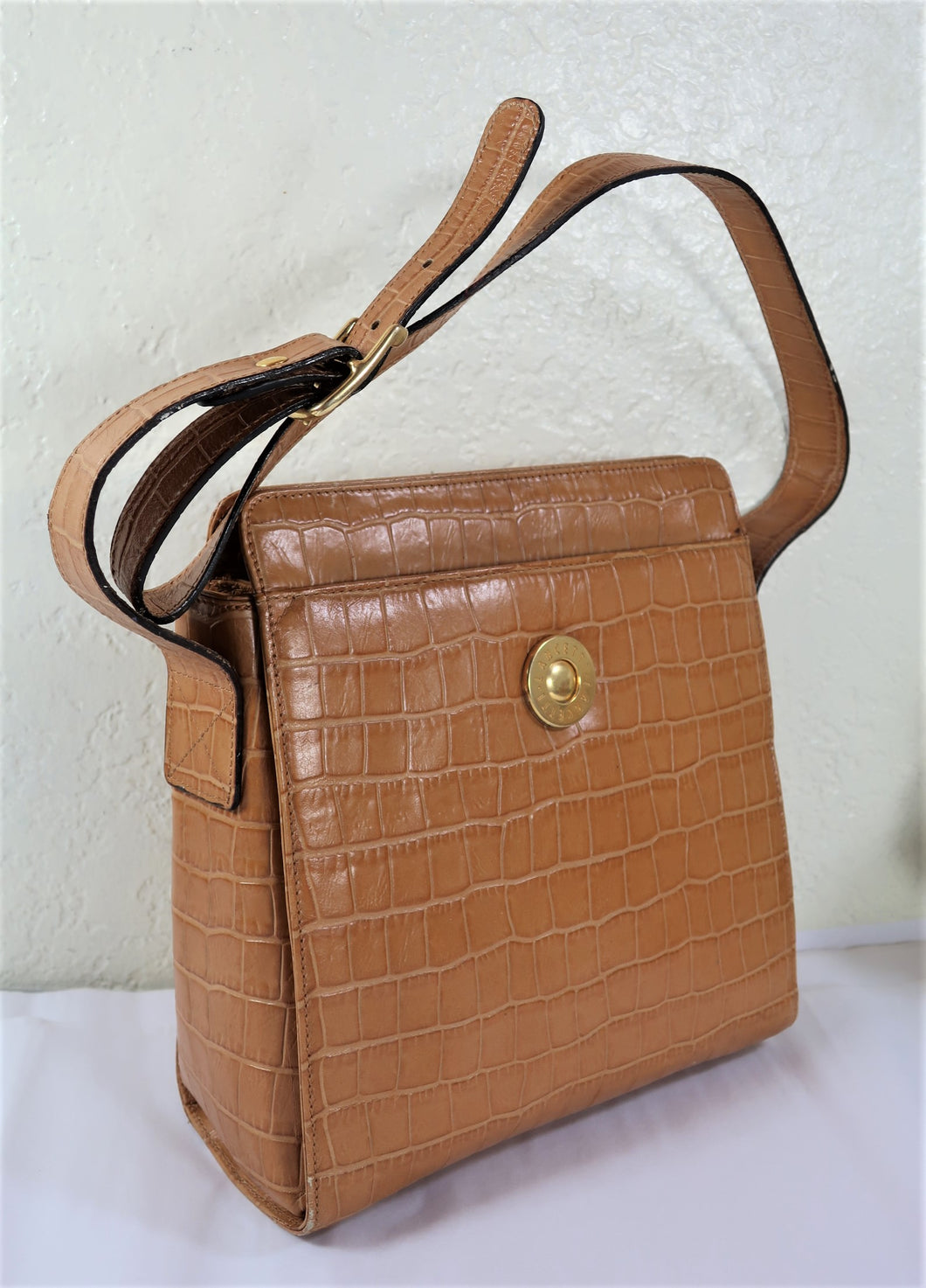 Vintage LANCETTI Brown Croc Stamped Leather Box SHoulder Bag Italy