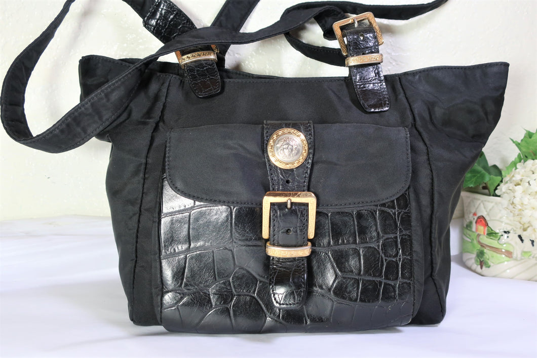 Vintage GIANNI VERSACE Black Nylon Leather Tote Shoulder Bag Medusa Face Italy