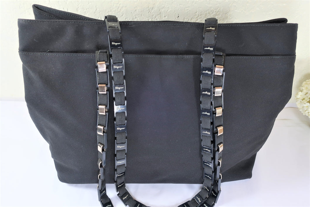 SALVATORE FERRAGAMO Black Nyon Chain Strap Large Tote SHoulder Bag