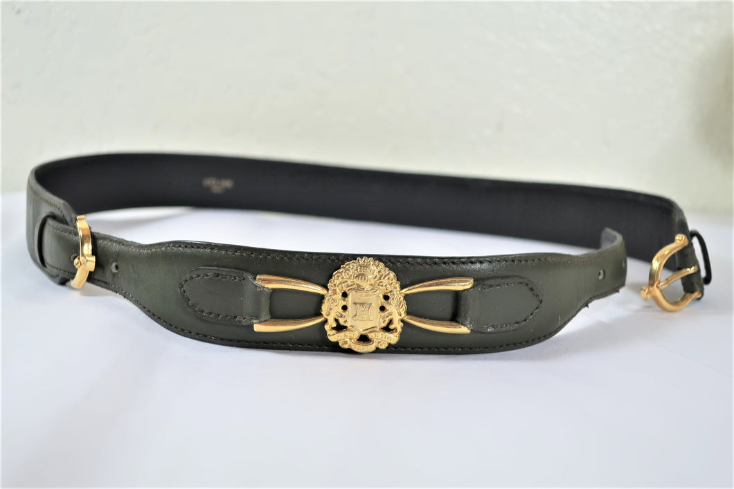 Vintage CELINE Crest Gold Buckle Green Leather Belt Slim 28 29