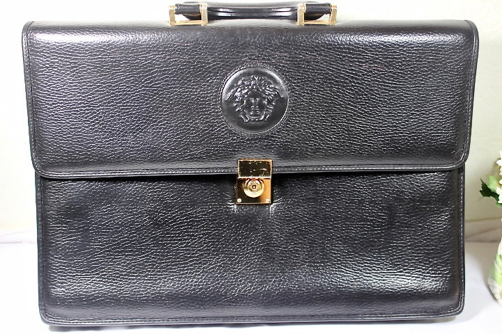 Vintage GIANNI VERSACE Medusa Face Black Briefcase Laptop Attache Office Bag