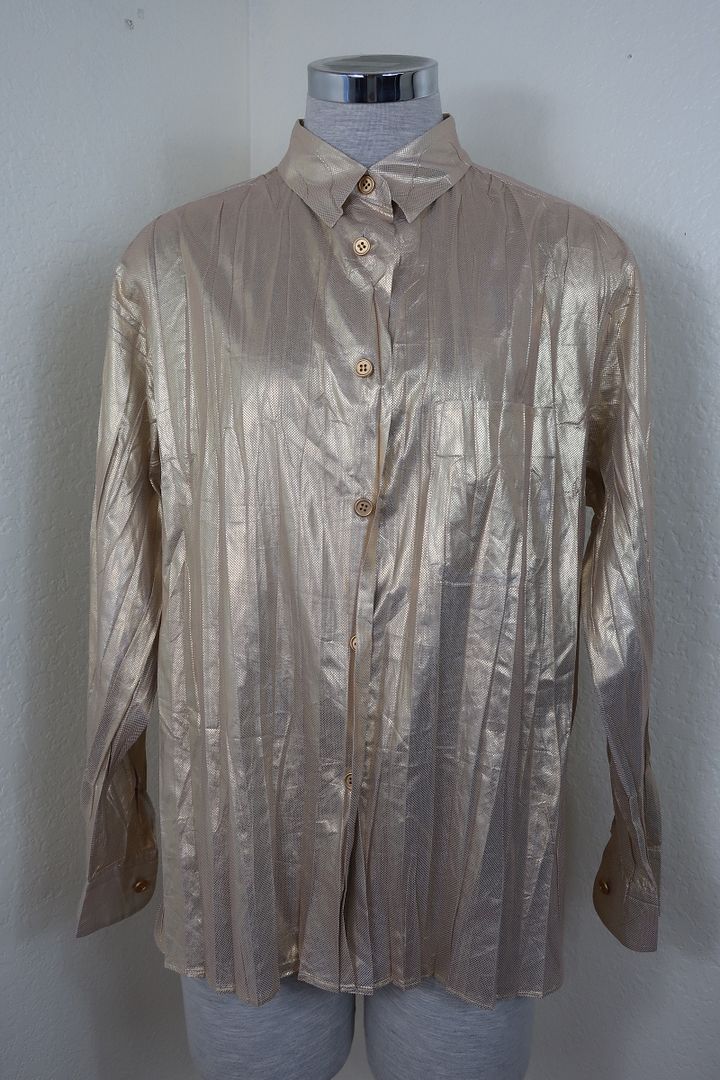 ISSEY MIYAKE Pleated Shinny Button Long Sleeve Top Shirt sz 3 4 5 6
