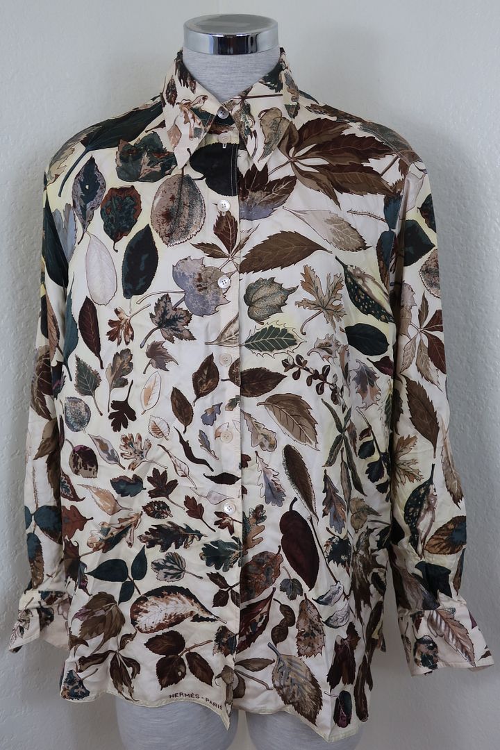 Vintage HERMES Autumn Spring Leaves Print Long SLeeve Button Top Shirt 40 6 7 8