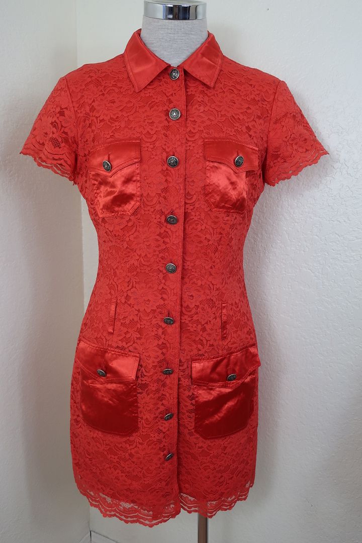 Vintage MOSCHINO JEANS Red Button Lace Dress Small 4 5 6