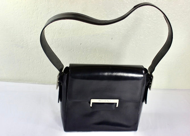 Vintage YvesSaintLaurent YSL Black Leather Shoulder Bag, box bag, France