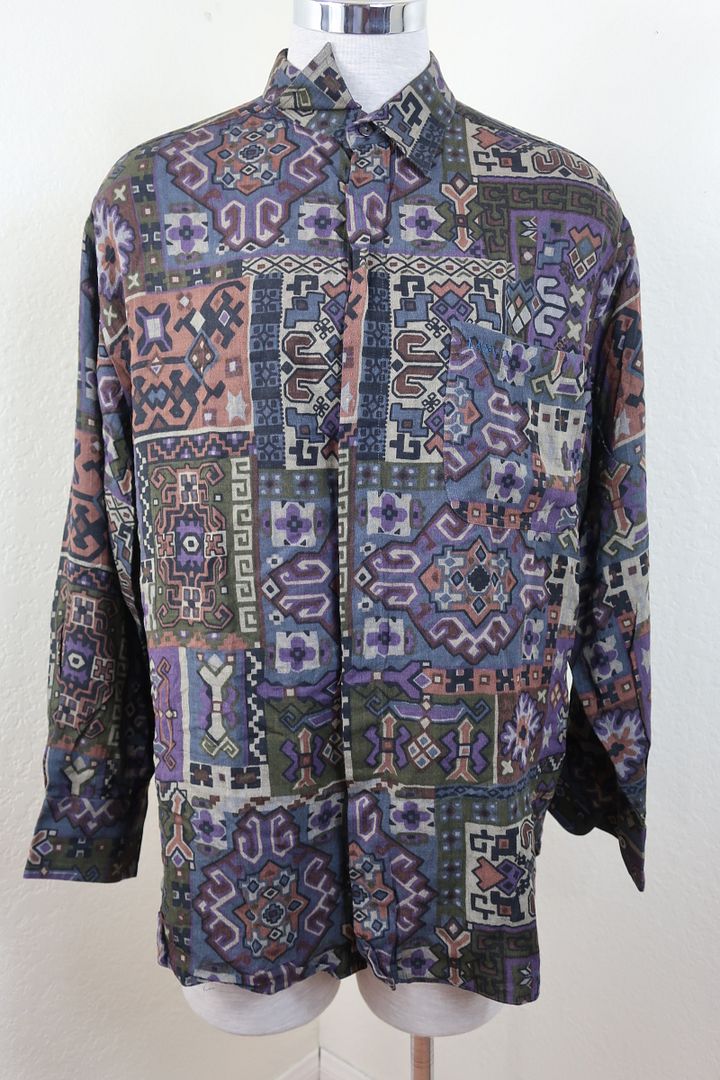 Vintage LANVIN Boutique Rayon Wool RIBAL Print Long Sleeve Button Top Shirt Blouse M 4 5 6 7