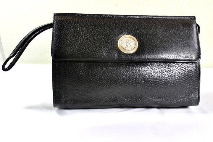 Vintage Gianni Versace Clutch/ Wristlet Black Leather Handbag, Medusa Logo