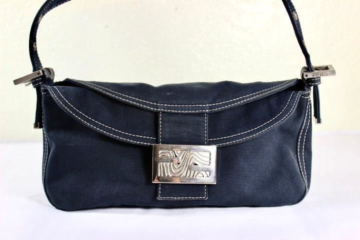 Vintage FENDI Dark Blue Cotton Cloth/Denim Baguette Double Flap Handbag, Italy