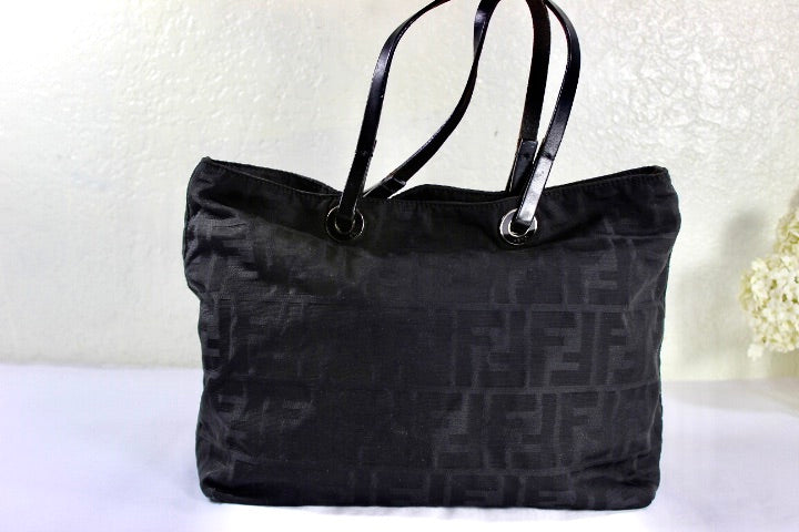 Vintage FENDI FF Black Zucca Print Tote Handbag Black Nylon, Italy