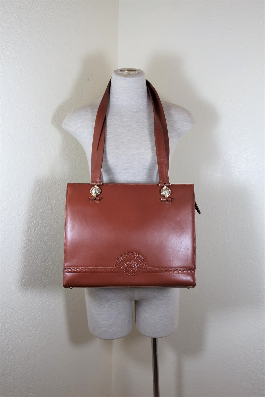 Vintage GIANNI VERSACE Brown Leather Medusa Large Shoulder Bag