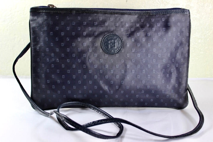 Vintage FENDI FF  Small Logo Black Vinyl Crossbody Flat Handbag, Italy