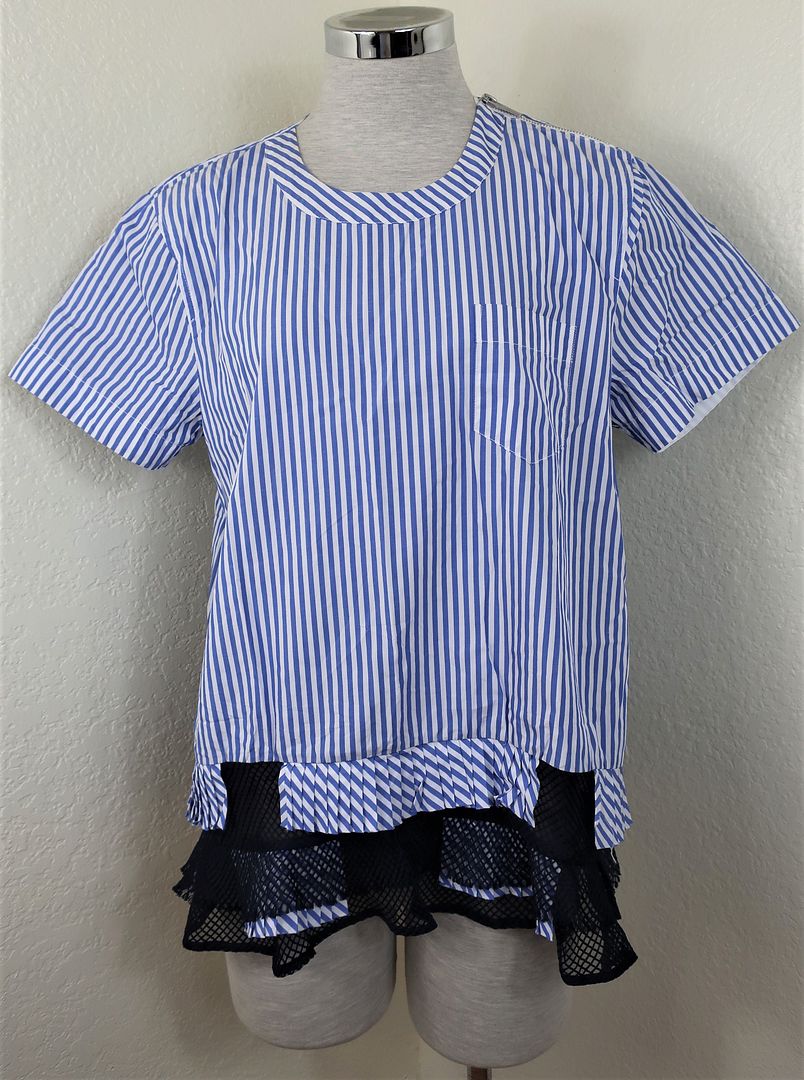 Sacai Blue & White Stripes  S/S Top Blouse Cotton w/Pleats Small 2 3